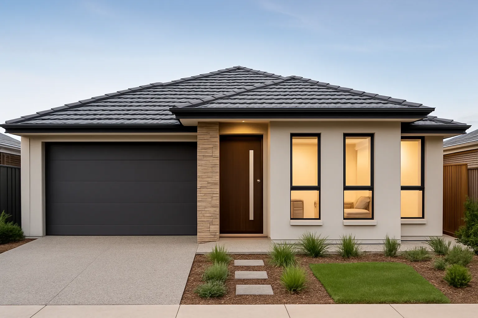 Modern single-story house with garage and garden