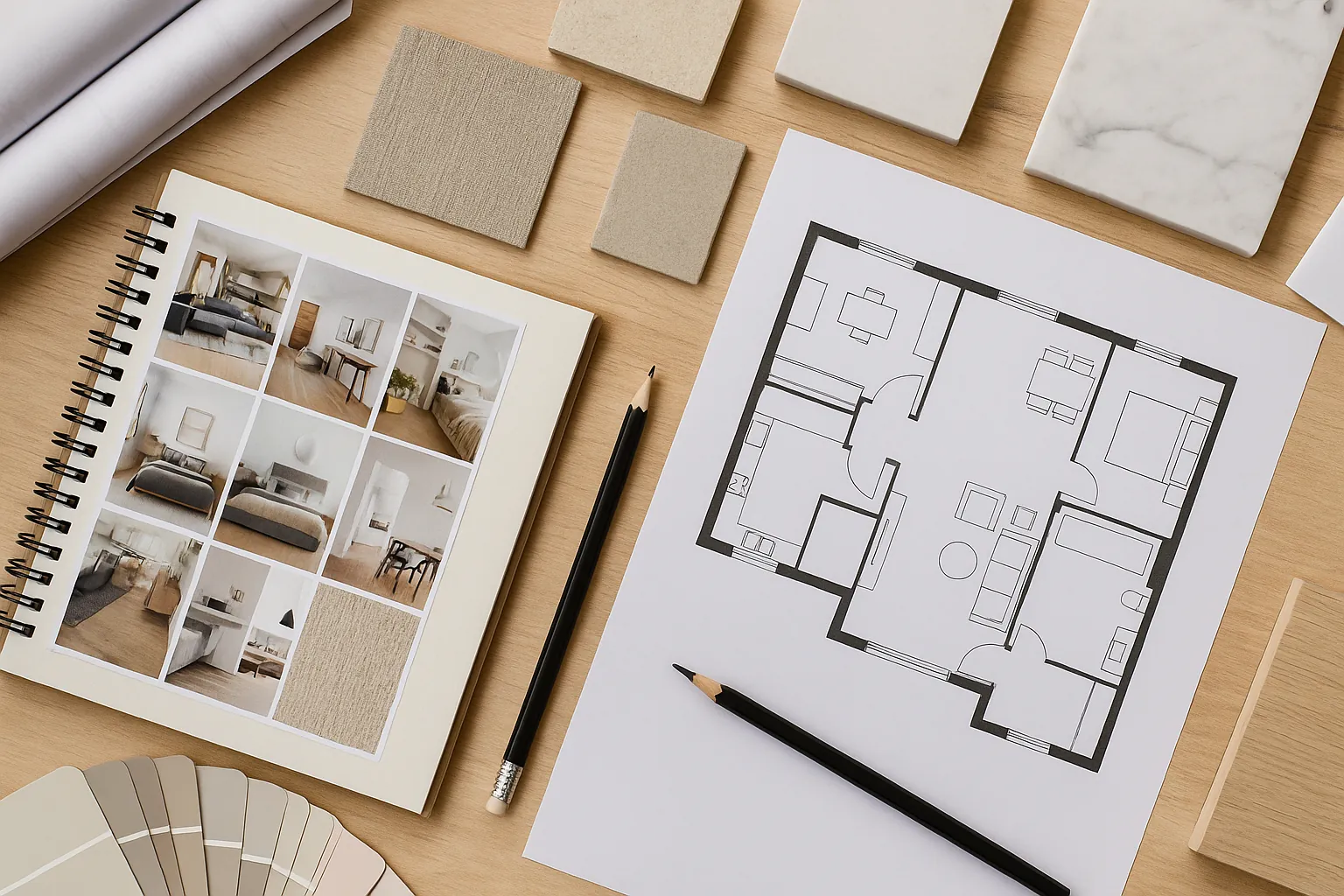 Interior design mood board with floor plan.